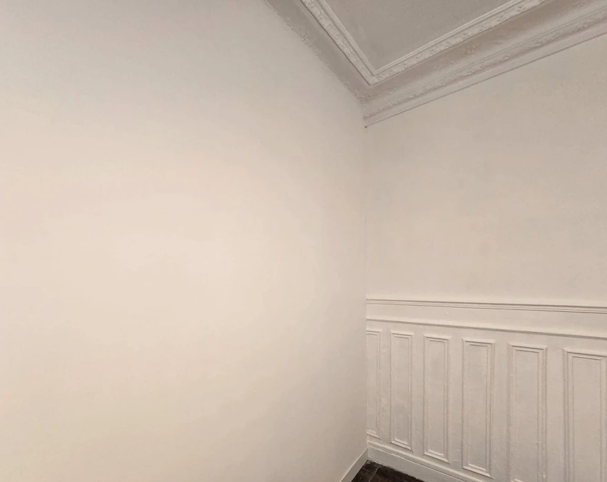 Intérieur résidentiel avec mur blanc et lambris décoratif. Angle de pièce montrant jonction entre mur lisse et boiserie à panneaux rectangulaires surmontée d'une moulure horizontale. Plafond avec corniche d'angle visible.