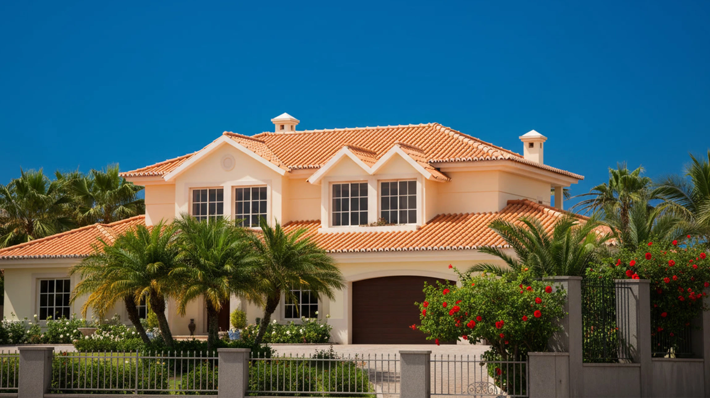 Maison individuelle à étage avec combles aménagés, située dans un environnement verdoyant. Façade blanche aux volets bois marron, toiture ardoise grise avec lucarnes et cheminée brique rouge. Escalier extérieur métallique menant à l'étage, jardin fleuri sauvage au premier plan.