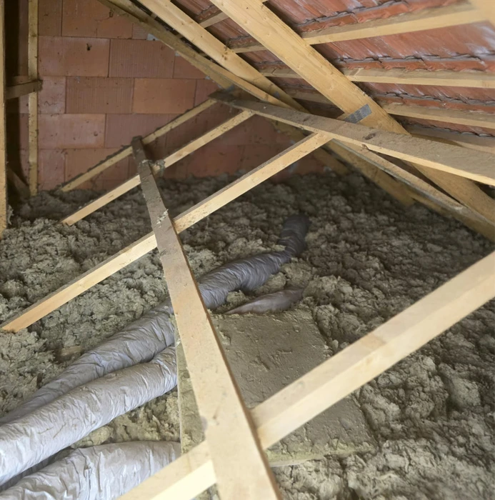 Chantier de rénovation de toiture en extérieur. Ouvrier couvreur équipé de gants rouges travaille sur toit en pente, manipulant tuiles canal en terre cuite. Toiture résidentielle avec tuiles mécaniques orange-rouge, chevrons apparents en bois, fenêtre de toit type Velux visible. Réfection partielle de couverture traditionnelle.