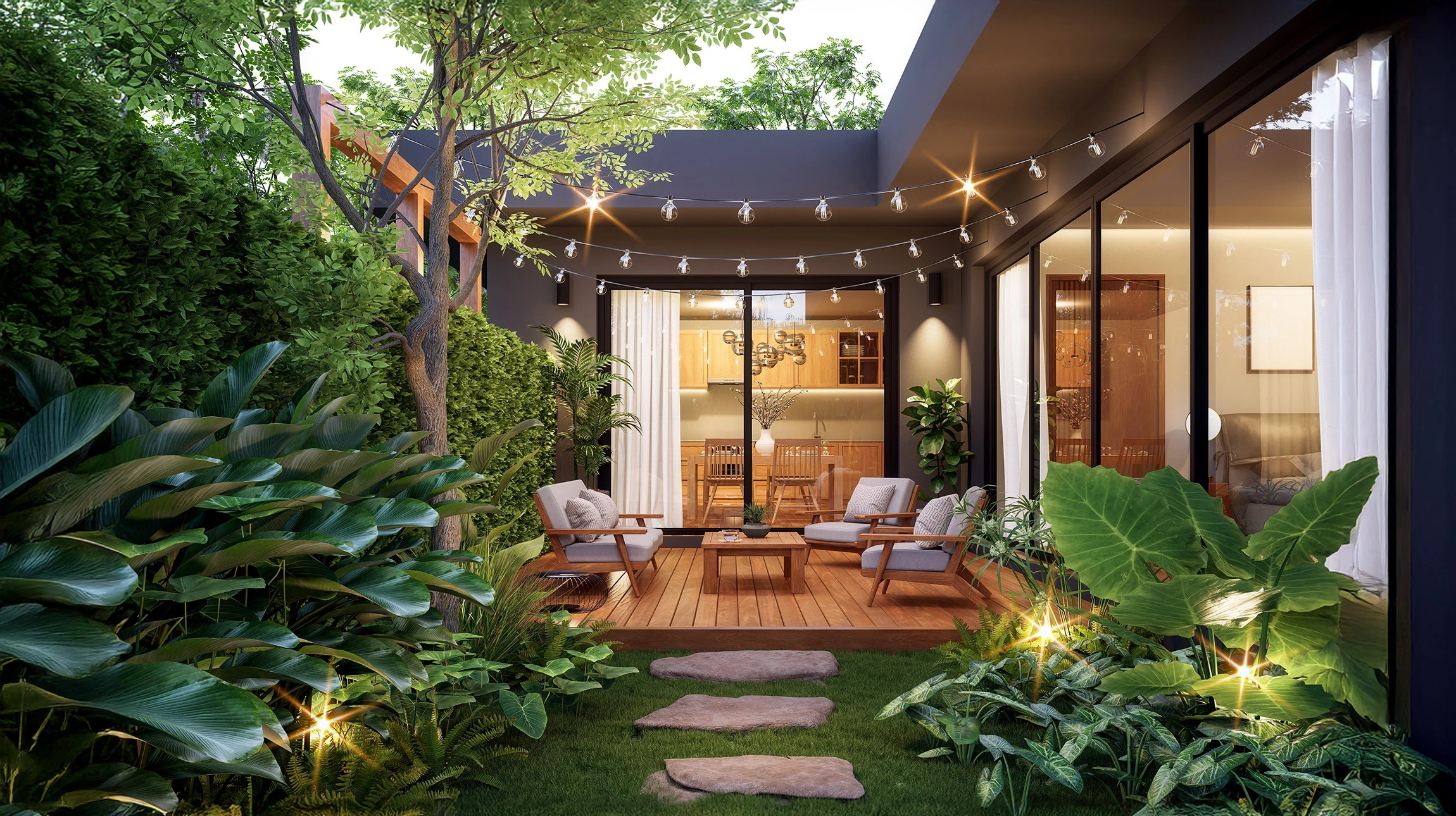 Extérieur tropical luxueux avec pavillon de détente en bois exotique, lit daybed avec coussins blancs, draperies beiges, plancher en teck. Palmiers et végétation tropicale environnante, pelouse verte soignée.